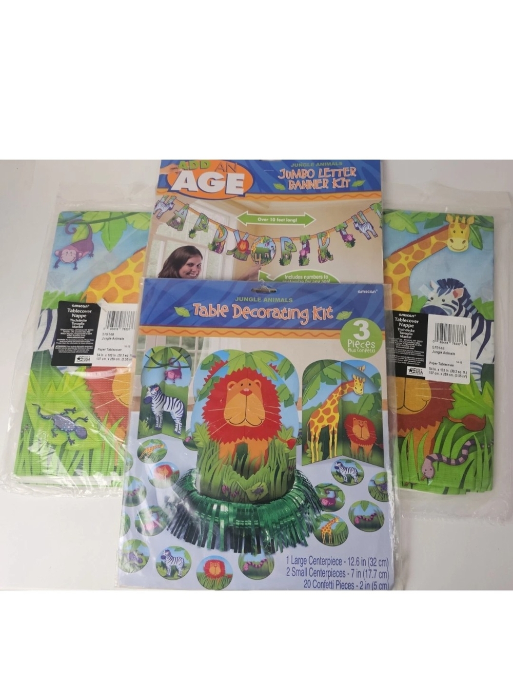 Amscan Jungle Animal Jumbo Letter Banner Age Tablecloth Centerpiece Party Lot